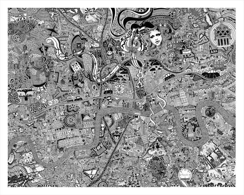 'London Town' by British Artist Fuller, aka Gareth Wood. The original art work is hand drawn using black ink on cotton archival board and measures 92cm x 116cm. The work is a mesmerising kaleidoscope to our association with youth, adolescence and progress into adulthood. Fuller lived, breathed and morphed into the capital to channel its character onto the map. (PRNewsFoto/British artist Fuller)