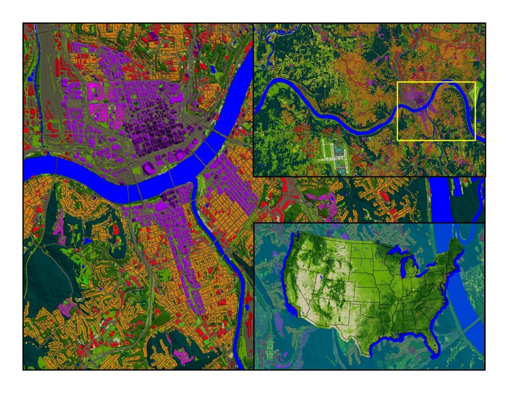 10m clutter (land-use/cover) mapping recently completed by LAND INFO for the entire USA; inset shows Cincinnati, Ohio.
