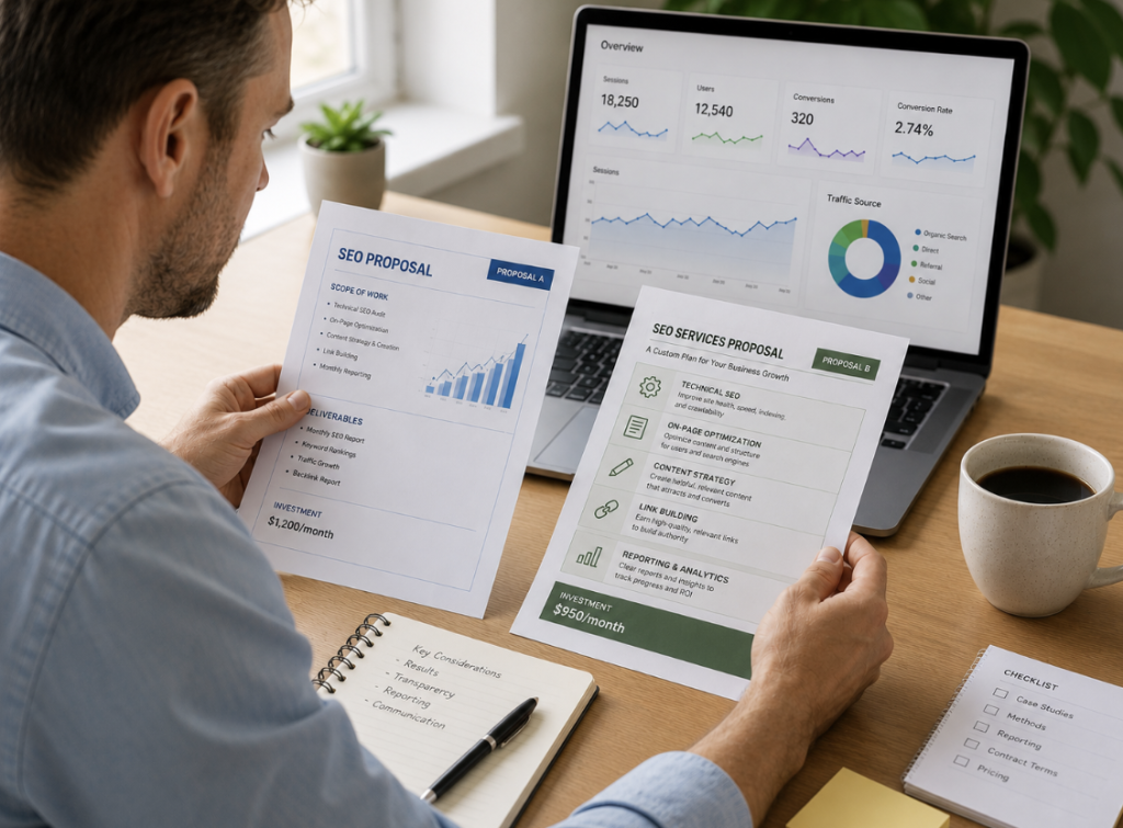 Infographic showing affordable SEO strategies tailored to four business types.
